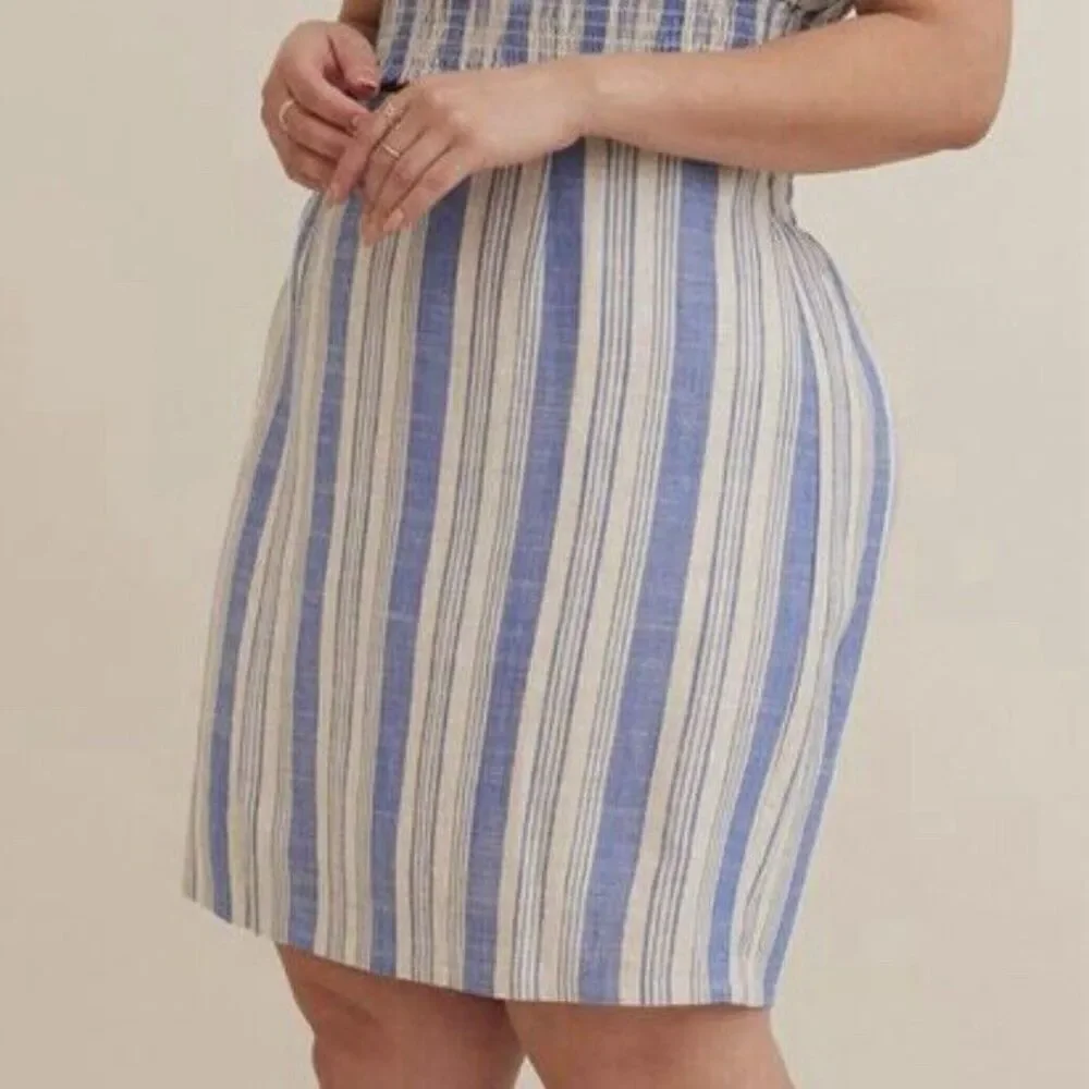 Torrid Skirt Plus Size 2x Pull On Linen Blue Beige Stripe Mini Resort Costal NEW